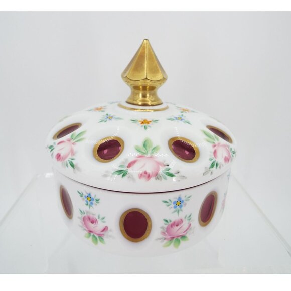 Bohemian Czech Cased White Overlay Cut to Cranberry Glass Floral Vanity Dish - Picture 1 of 10